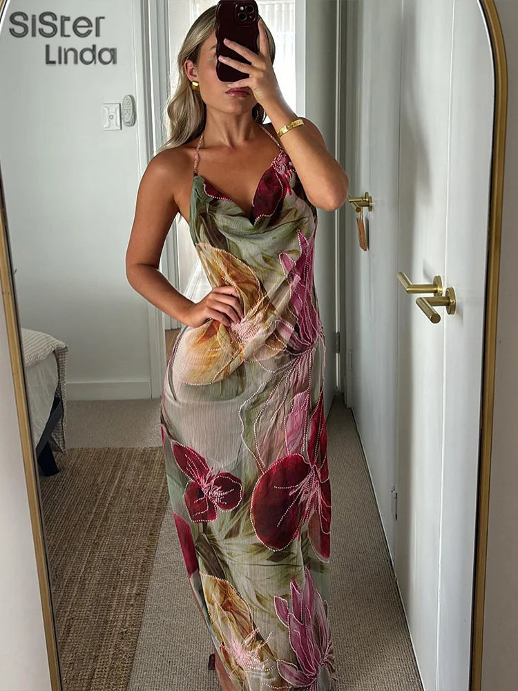 Backless Cowl Neck Maxi Dress