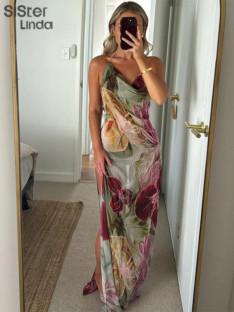 Backless Cowl Neck Maxi Dress